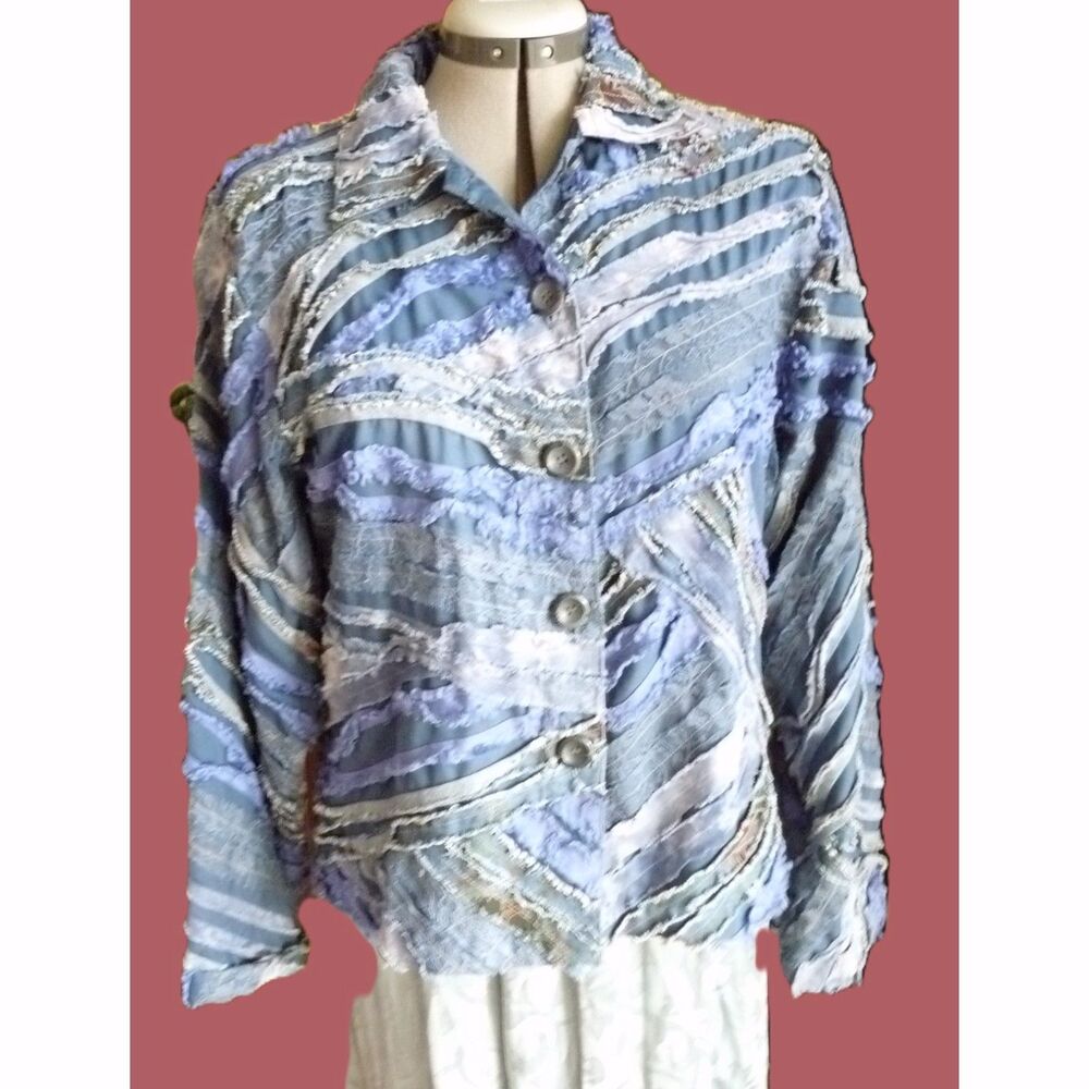 Vintage Keren Hart shredded ribbon & lace Indigo Blue Whimsical Light jacket L